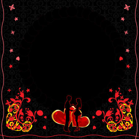 Ornate flowers with hearts and dancing couple. Red and orange colors with cold imitation will be perfect to reflect strong love. Card have a place for your text.のイラスト素材