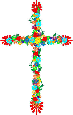 Cross consists of flowers and leaves  and with decorative tipsのイラスト素材