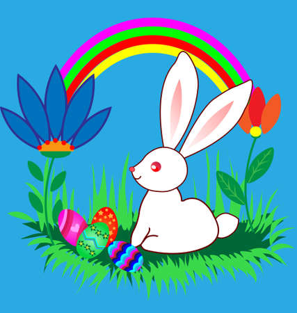 Easter cute cartoon Bunnyes with eggs on cartoon landscape with rainbow.のイラスト素材