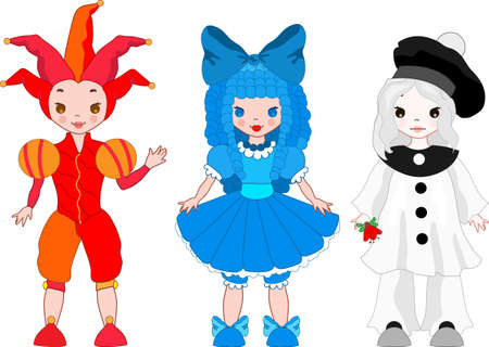 Set of italian theatre heroes. Harlequin, Pierrot, Columbinaのイラスト素材