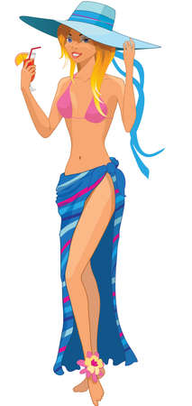 Girl in swimsuit holds a coctail with an orange vectorのイラスト素材