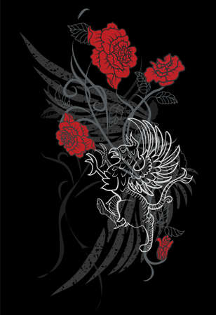 Fantasy design with gryphon and roses on black backgroundのイラスト素材