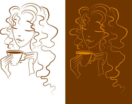 Silhouette of a Young female drinking hot coffeeのイラスト素材