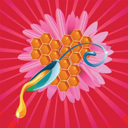 honey drop flows down from spoon with flower illustrationのイラスト素材