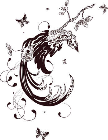 tribal bird resting on ornate background treeのイラスト素材