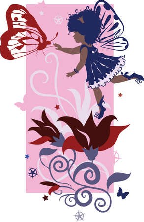 Fairy little girl silhouette isolated on white background with flowersのイラスト素材