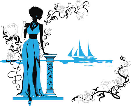 Background with tropical plants and woman silhouetteのイラスト素材