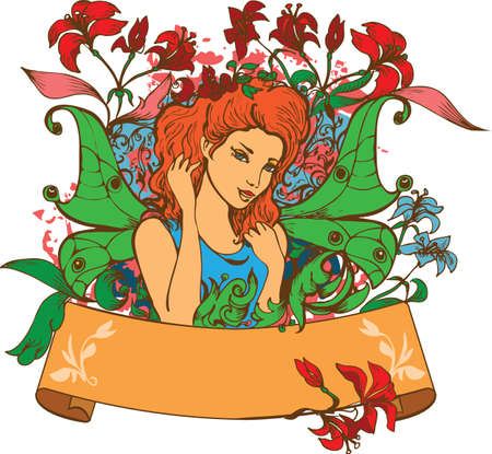 Beautiful Fairy among flowers vector illustrationのイラスト素材