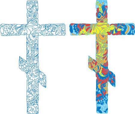 Orthodox ornamented cross for Easter  Natural ornaments, flowers, leaves, patterns  Colored lights のイラスト素材