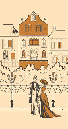 England retro town silhouette with pair of peopleのイラスト素材