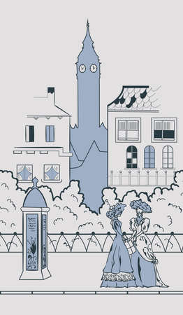 England retro town silhouette with pair of peopleのイラスト素材