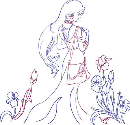 Outline silhouette of beautiful woman with liliesのイラスト素材