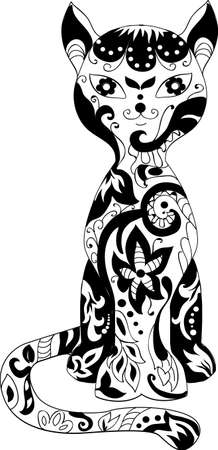 Cat decorative beautiful silhouette with floral ornamentのイラスト素材