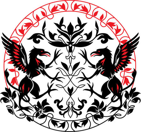 Standing Black Griffin with flower black and red silhouetteのイラスト素材