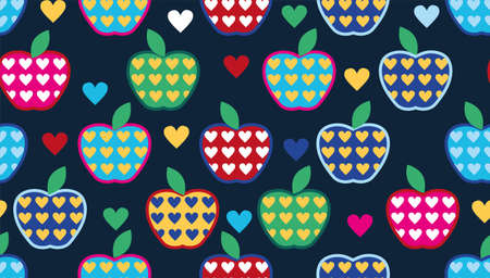 Seamless cute bright colorful retro apple pattern in vector with heartsのイラスト素材