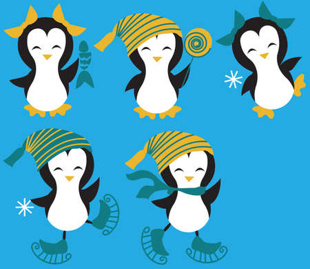Set of Penguins. Ice skating, with fish, candy and snowflakeのイラスト素材