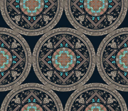 Floral elements silhouettes. Circular seamless pattern of traditional motifs and ancient oriental...