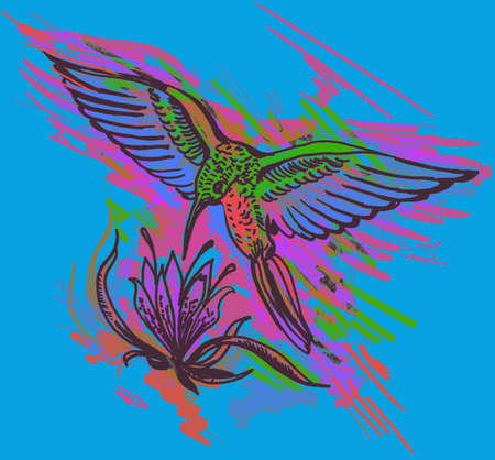Hummingbird hand drawing bright illustration. Neon colorsの写真素材