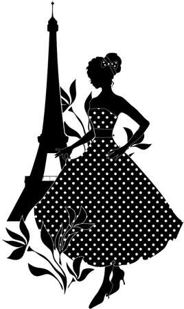 Retro woman red and black silhouette with Eiffel Towerのイラスト素材