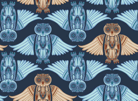 Dark hand-drawn abstract Owl pattern. Stylish surface design. Ancient bird drawingの写真素材