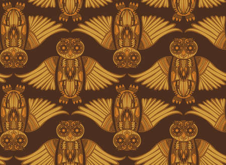 Dark hand-drawn abstract Owl pattern. Stylish surface design. Ancient bird drawingの写真素材