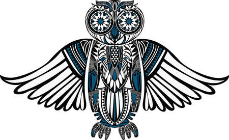 Hand-Drawn Owl illustration with abstract pattern. Stylish design. Ancient bird drawingのイラスト素材