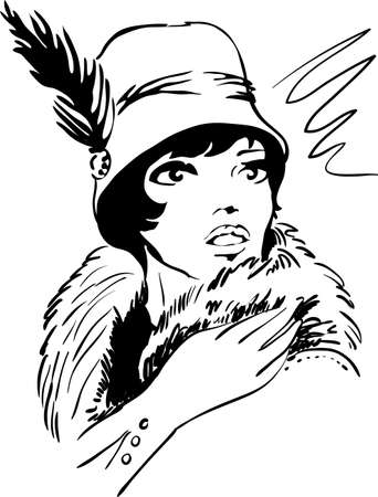 Stylish retro dramatic beautiful model for fashion design. Hand-drawn graphic illustration. Portrait of pretty woman with feathers on her head . Sketch drawing, elegant vector style.のイラスト素材