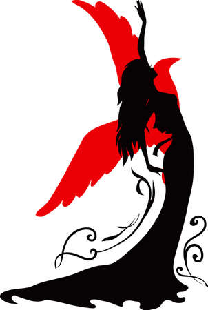 Elegant silhouette of a woman.  Dancer with floral ornament and bird.のイラスト素材