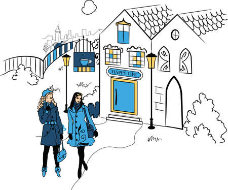 Town with girls silhouette vector illustration. Elegant urban sceneのイラスト素材