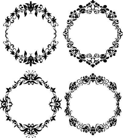 Vector Set of Different Styles Frame Silhouettes. Floral design for elegant composition. Round formのイラスト素材