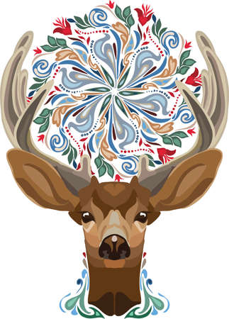 Vector illustration isolated deer with floral circle between horns. Young cute forest animal. Symbol of springのイラスト素材