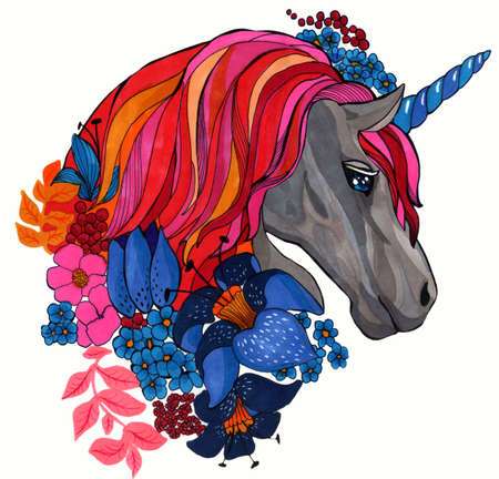 Magic unicorn portrait with flowers hand drawing illustrationの写真素材