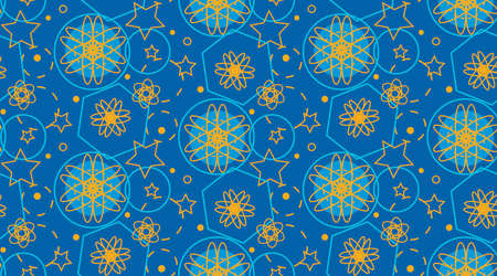 Seamless pattern with blue circles, atoms and stars, canted striped lines
