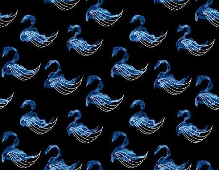 Blue swan with white wings on black backgroundの写真素材