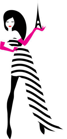 Stylish beautiful model for fashion design. Pop art graphic silhouette illustration. Portrait of pretty girl on striped background. Elegant vector french style.のイラスト素材