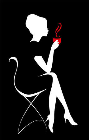 Silhouette of a Young female holding hot coffee or teaのイラスト素材
