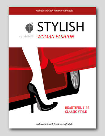 Abstract womans leg out of beautiful red car. Fashion magazine cover designのイラスト素材