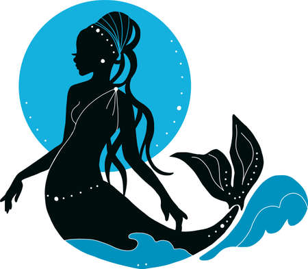 Beautiful young mermaid woman with beads and moon fashion silhouette. Book magazine cartoon illustration, fashion artwork, t shirt printのイラスト素材
