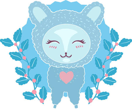 Cute little lama, alpaca character with flowers cartoon doodle vector illustration isolated on white background. Vector hand drawn illustration for card and shirt design, fabric textileのイラスト素材