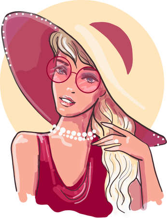 Head of a sweet lady with light long hair, big hat in fashion red blouseのイラスト素材