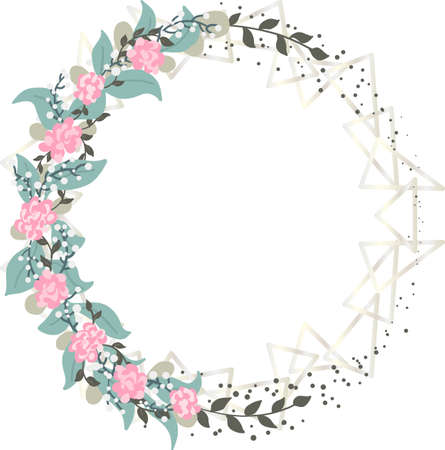 Elegant trendy roses wreath with silver triangles. Floral design for elegant composition. Round form frameのイラスト素材