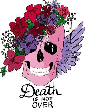 Pink skull in a floral wreath with wings and text. Tattoo style.のイラスト素材