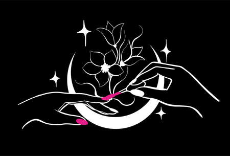 Fashion elegant beautiful hand silhouette with moon and stars. Stylish illustration for beauty industryのイラスト素材