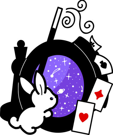 Quantum rabbit looks at the stars among the cards and a magician wand. The symbol of the new year 2023のイラスト素材