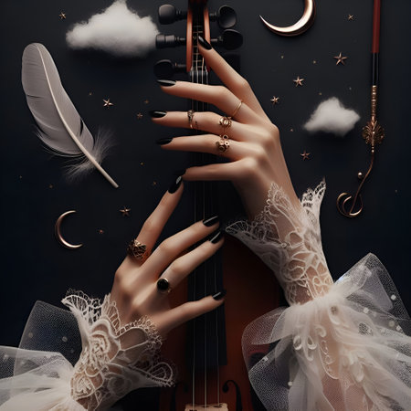 Old violin in woman handsの素材