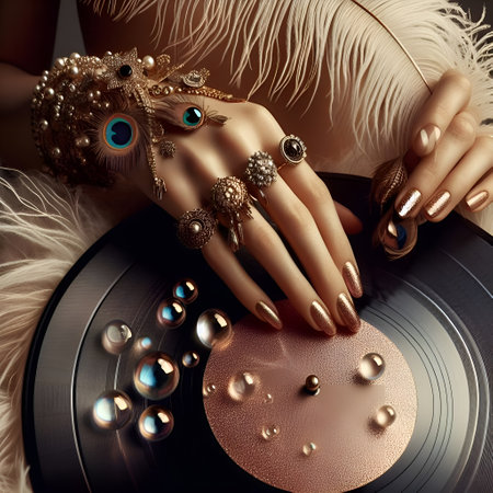 A woman's hand in luxury jewelry holds an old retro vinyl record. Glamorous vintage boho styleの素材