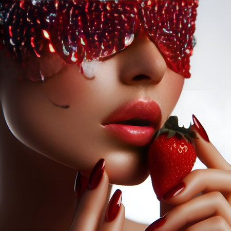 Beautiful woman with red manicure and creative visage holding strawberryの素材