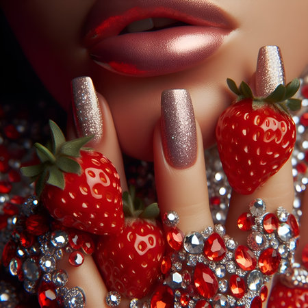 Close-up portrait of a beautiful woman with red lips and manicure holding strawberries.の素材