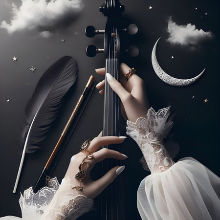 Old violin in woman handsの素材