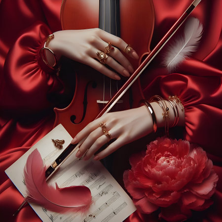 Old violin in woman handsの素材